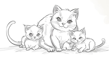 line art cat with two kittens AI generated