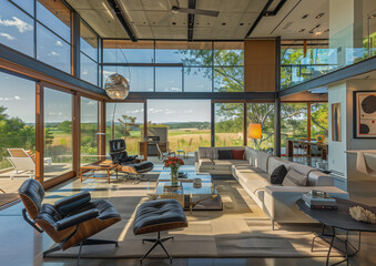 A living room interior design dominated by functionality and minimalism. Large floor to ceiling windows provide abundant natural light and views of the surrounding countryside