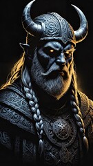 Mystical Viking Warrior with Horned Helmet and Red Eyes in a Dark Fantasy Illustration.