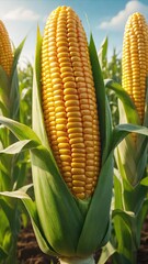 Ripe Corn Cob in Sunlit Farm Field Close-up: A Fresh Harvest of Organic Maize