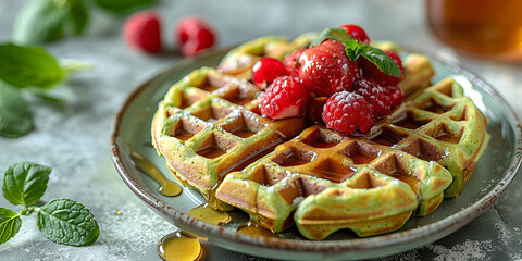 Matcha Waffles: green waffles with matcha powder, served for breakfast with fresh fruit and a...