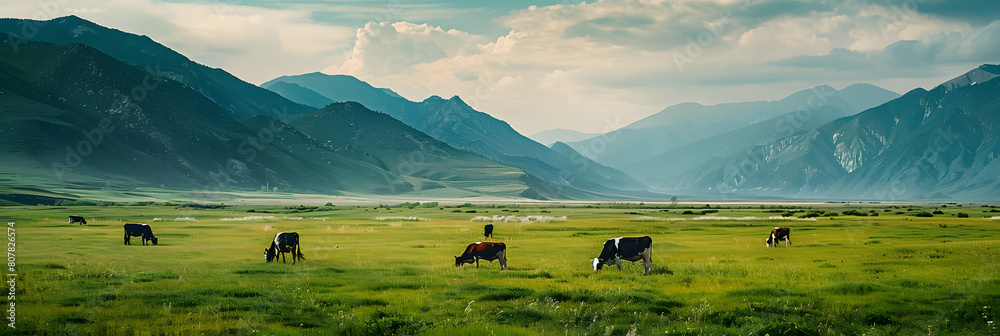 Sticker  cows grazing in a vast green meadow