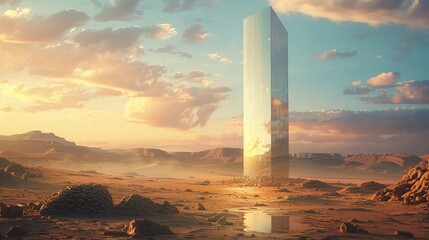 A barren desert landscape is depicted, with a large, reflective monolith visible in the distance 8K , high-resolution, ultra HD,up32K HD - Powered by Adobe