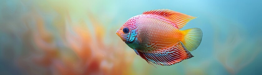 Fototapeta premium A hyperrealistic Discus fish breaks the water's surface under a bleached sky, blending modern and mystical elements with pink and yellow hues.