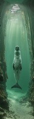 Fototapeta premium A Dugong emerges from the water under a bright sky, exuding mystery in a hyperrealistic and modern portrayal.