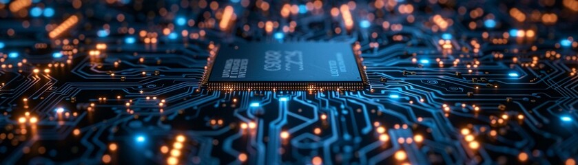 A closeup of a computer circuit board, illuminated by blue lights, giving it a futuristic appearance 8K , high-resolution, ultra HD,up32K HD