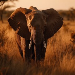 Obraz premium African elephant and the setting sun with the iconic savannas in the background