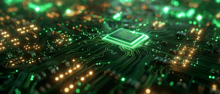 A circuit board illuminated by green glowing lights, creating a mesmerizing and futuristic atmosphere 8K , high-resolution, ultra HD,up32K HD