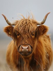 Highland cow portrait with windswept hair
