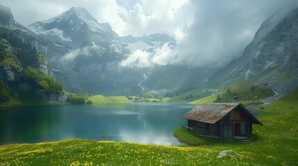 Fototapeta premium Alpine house by lake with lush greenery and mountains