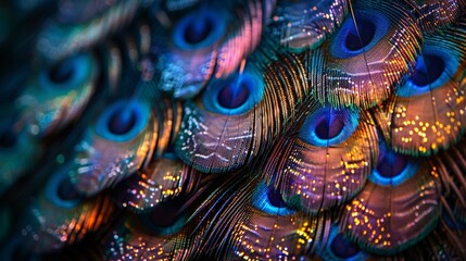 A detailed closeup of a peacocks feathers, showing off their vibrant blue, purple, and gold shades