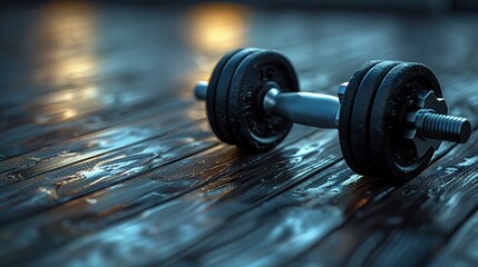 A dumbbell is positioned on a wooden floor, with a dark background enhancing the focus on fitness and strength