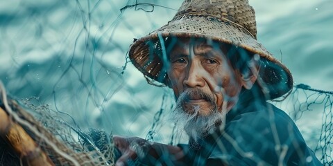 old fisherman fishing in the sea