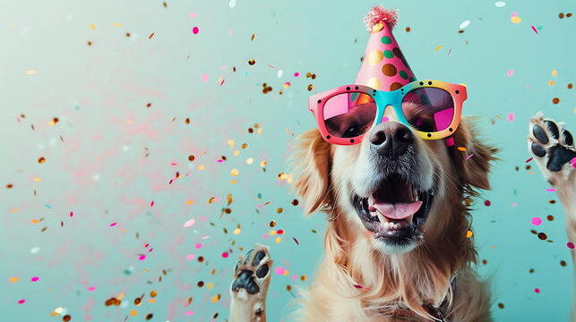 Dog with funny glasses and birthday cap confetti pastel background copy space