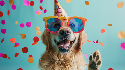 Dog  with funny glasses and birthday cap confetti pastel background copy space