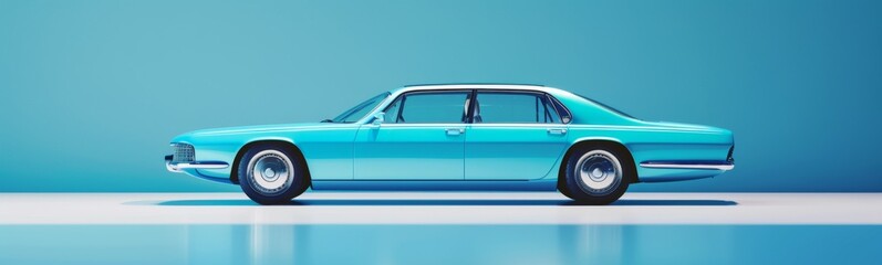 Turquoise car with chrome rims on a blue background. Banner