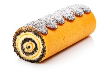 Poppy Seed Swiss Roll, Round Sponge Cake Isolated, Sliced Rolled Vanilla Biscuit with Poppy Seeds Filling