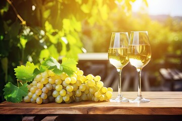 White Wine Glass on Ripe Bunch of Grapes Background in Sunny Day, Wineglass with Drink - obrazy, fototapety, plakaty
