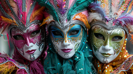 Three people wearing ornate Venetian masks during a carnival, displaying vibrant feathers and intricate designs.