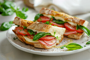 Baguette sandwiches with tomato, mozzarella, and fresh basil on a white plate