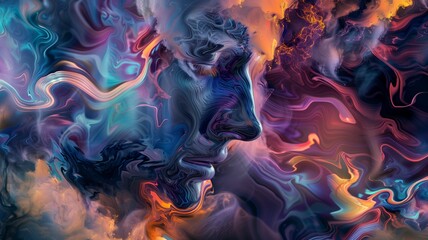 An abstract or surreal image that represents the turbulent and chaotic nature of a mind in distress. Incorporate vibrant  swirling shapes, fragmented elements