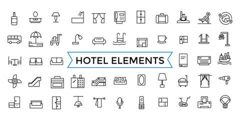Hotel elements - thin line web icon set. outline icons pack. Icon collection. Editable vector icon and illustration.