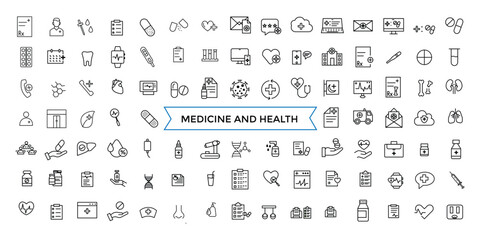 Medicine and Health symbols line web icon set. Outline icons pack. Icon collection. Editable vector icon and illustration.