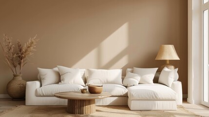 Cozy white sofa and coffee table with lamp near beige wall 