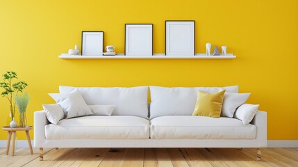 Cozy white sofa and shelving unit with frames near yellow wall 