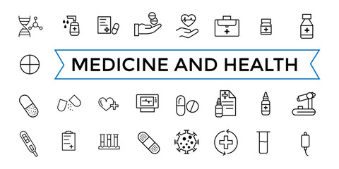 Medicine and Health symbols line web icon set. Outline icons pack. Icon collection. Editable vector icon and illustration.