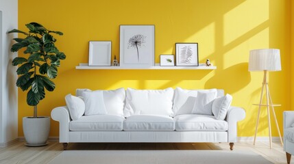 Cozy white sofa and shelving unit with frames near yellow wall 