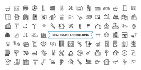 Real Estate line web icon set. Included the icons as realty, property, mortgage, home loan and more. Outline icons pack. Icon collection. Editable vector icon and illustration.