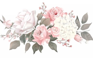 Dusty pink and cream roses, peonies, hydrangea flowers, tropical leaves vector floral arrangement wedding bouquets. Eucalyptus, greenery. Floral pastel watercolor style. Spring bouquet.