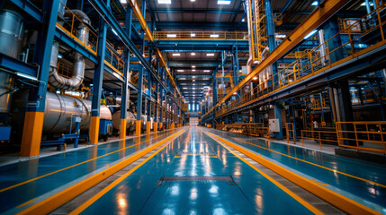 Naklejka premium A wide-angle view of a vast industrial factory interior, featuring intricate machinery and bright lighting.