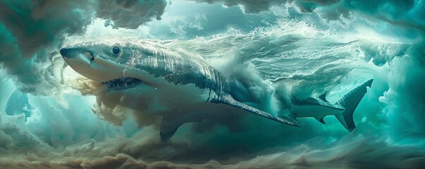 A hyperrealistic Shark breaches the ocean's surface under a bleached sky, shrouded in mystery and merging modern and mystical elements.