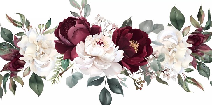 Burgundy red peonies, white magnolias, dusty pink roses and hydrangeas, astilbe flowers, eucalyptus, green horizontal wreath vector design. Watercolor wedding flowers.