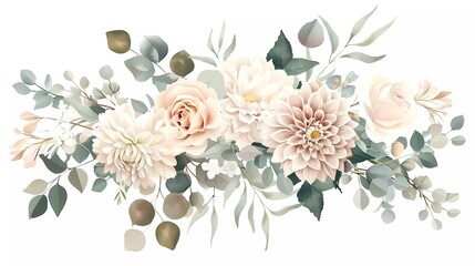 Bouquet design vector of silver sage green and blush pink flowers. Dusty roses, white dahlias, cream magnolias, ivory peonies, eucalyptus, greenery. Wedding bouquets. Watercolor. 