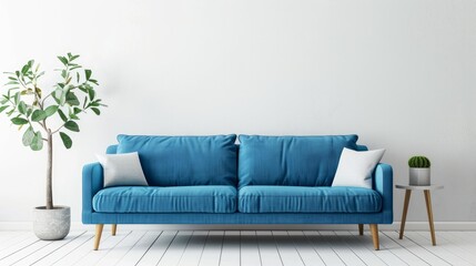 Minimal concept of living interior with bright blue sofa on white floor and background. 