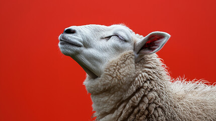 Eid ul adha concept, A white sheep with its eyes closed and head raised, exuding relaxation against...