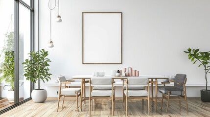 Mock up poster in modern dining room interior design with white empty wall.3d rendering 