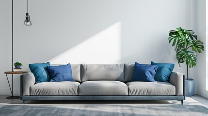 Modern interior design of living room with gray sofa and blue cushions over white wall panorama 