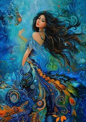 Fototapeta premium The Artistic Painting of a Woman with long hair in Blue Adorned with a Blue and Orange Motif.