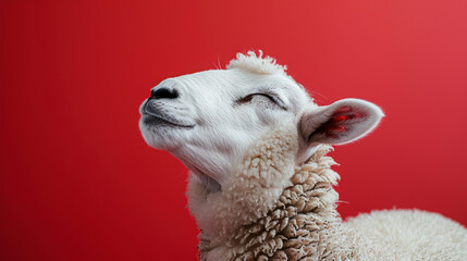Eid ul adha concept, A white sheep with its eyes closed and head raised, exuding relaxation against a red background 