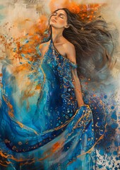 The Artistic Painting of a Woman with long hair in Blue Adorned with a Blue and Orange Motif.