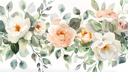 Vector design wreath of silver sage green and blush pink flowers. Dusty rose, white carnation, mauve rose, ranunculus, eucalyptus, greenery. Wedding bouquets. Watercolor.