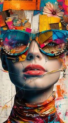 Fashionable female facial collage with many colorful elements, trend puzzle style. Ideal for creative and vibrant design projects