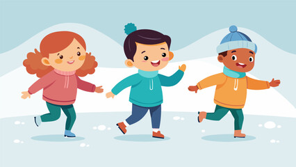 As they take their first wobbly strides on the ice a group of toddlers squeal with excitement and hold each others hands for support.. Vector illustration