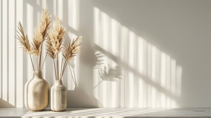 Modern workplace and vases with dry reeds near light wall 