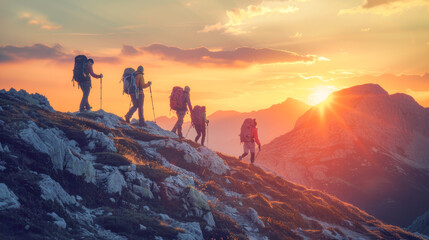 Group of hiker walking on mountain peak during sunset - People doing trekking trail in nautre landscape - Models by AI generative