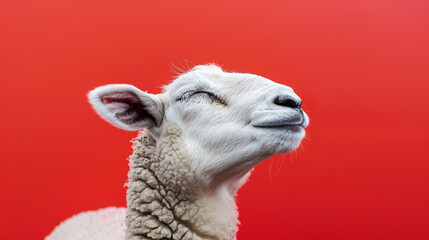 Fototapeta premium Eid ul adha concept, A white sheep with its eyes closed and head raised, exuding relaxation against a red background 